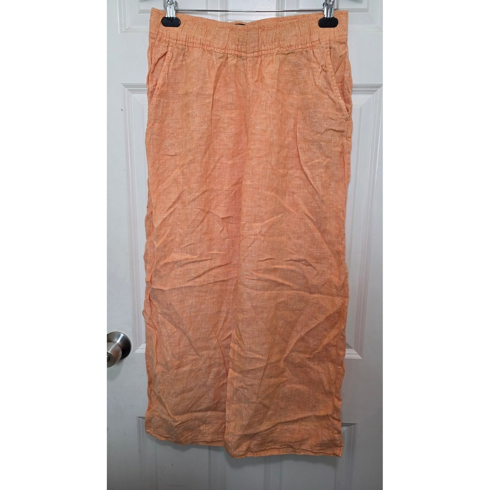 Tahari Essentials 100% Linen Wide Leg Pants Womens L Orange Elastic Waist Travel